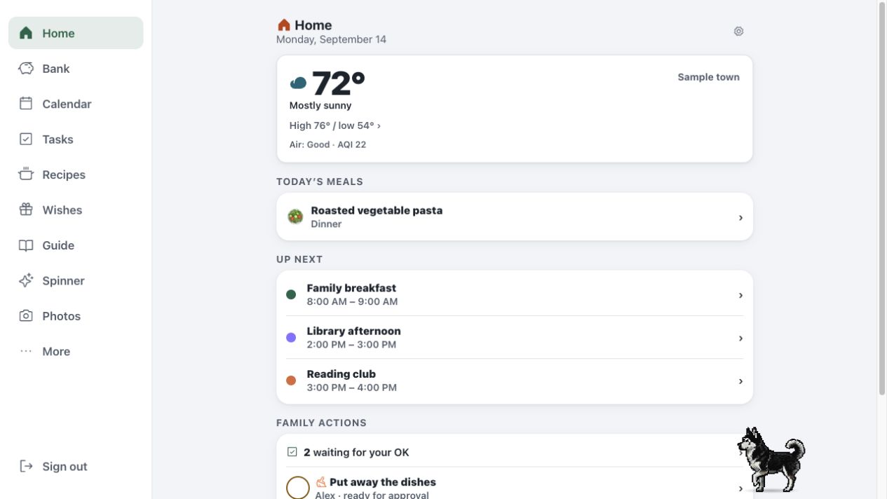 Our Book Home screen showing sample weather, today’s meal, upcoming events, and task approvals.